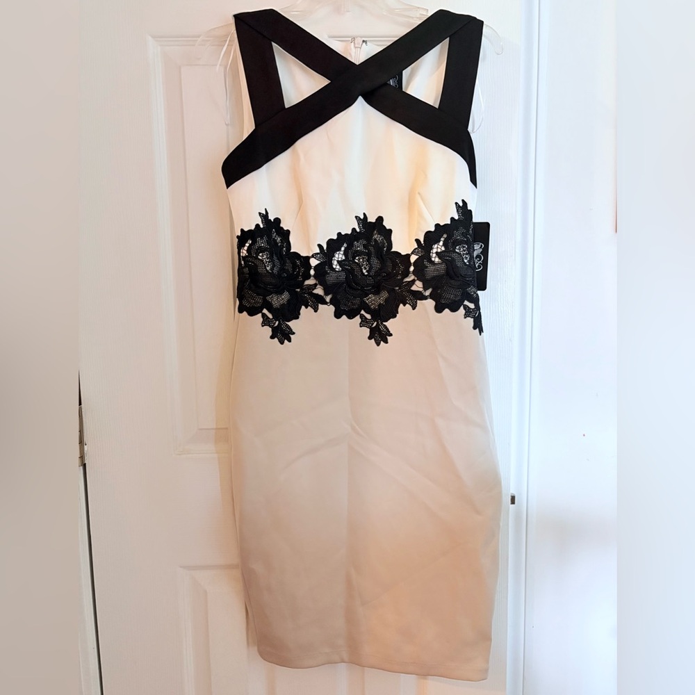 Elegant Black and White Dress with Floral Lace